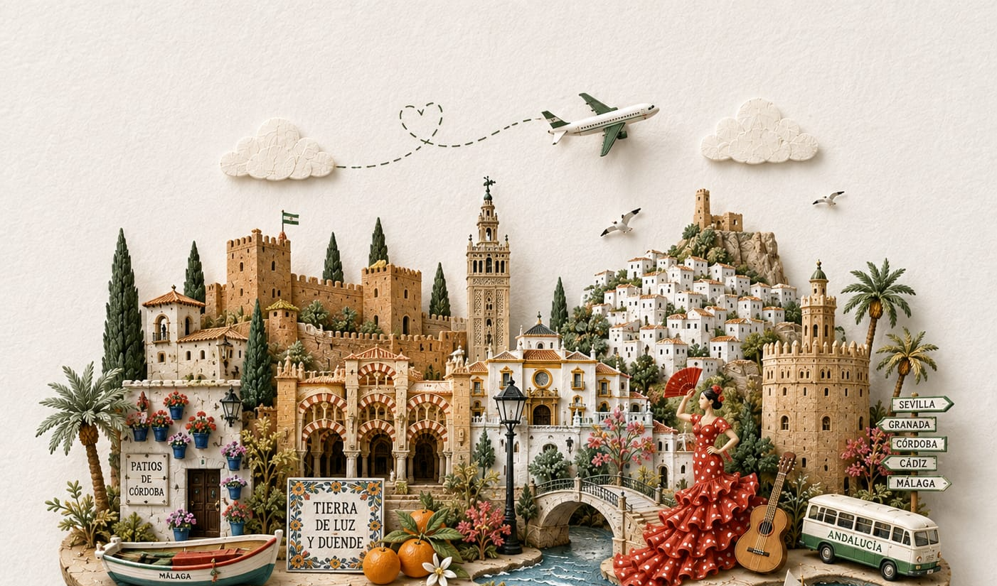 Ilustración de Andalucía con sus lugares y símbolos más emblemáticos — TravelMaps