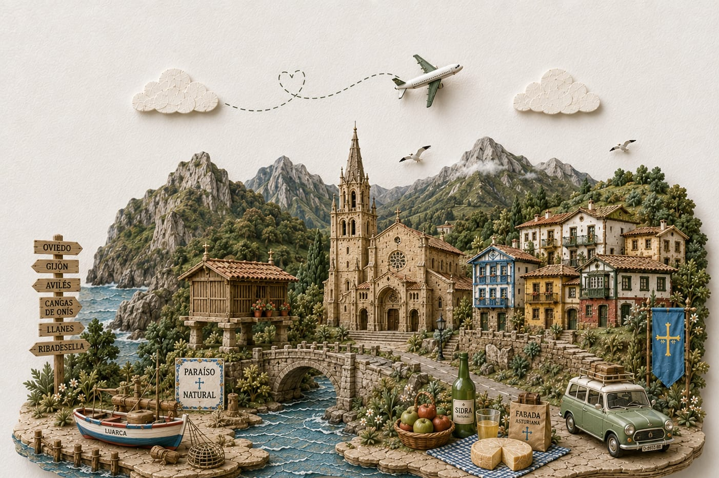 Ilustración de Asturias con sus lugares y símbolos más emblemáticos — TravelMaps