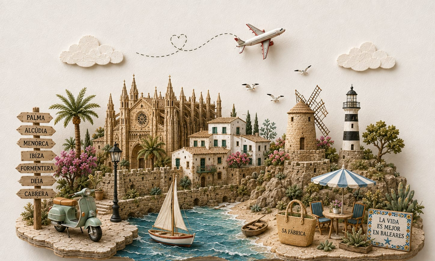 Ilustración de Islas Baleares con sus lugares y símbolos más emblemáticos — TravelMaps