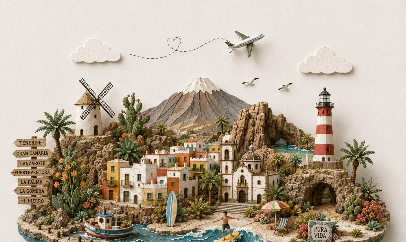 Ilustración de Islas Canarias con sus lugares y símbolos más emblemáticos — TravelMaps