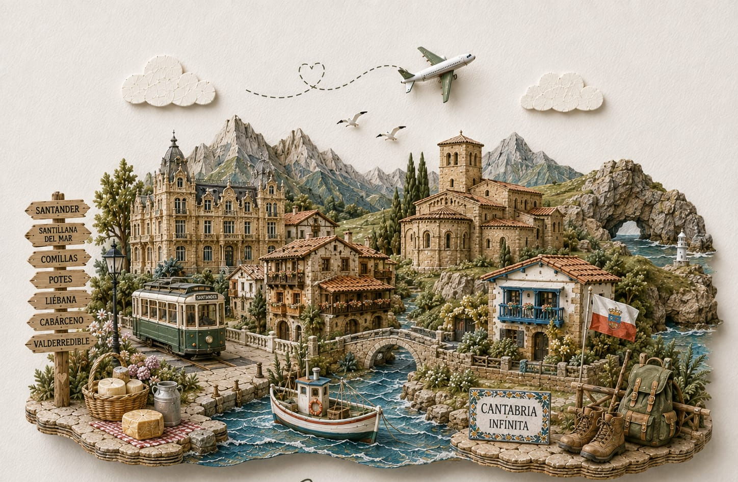 Ilustración de Cantabria con sus lugares y símbolos más emblemáticos — TravelMaps