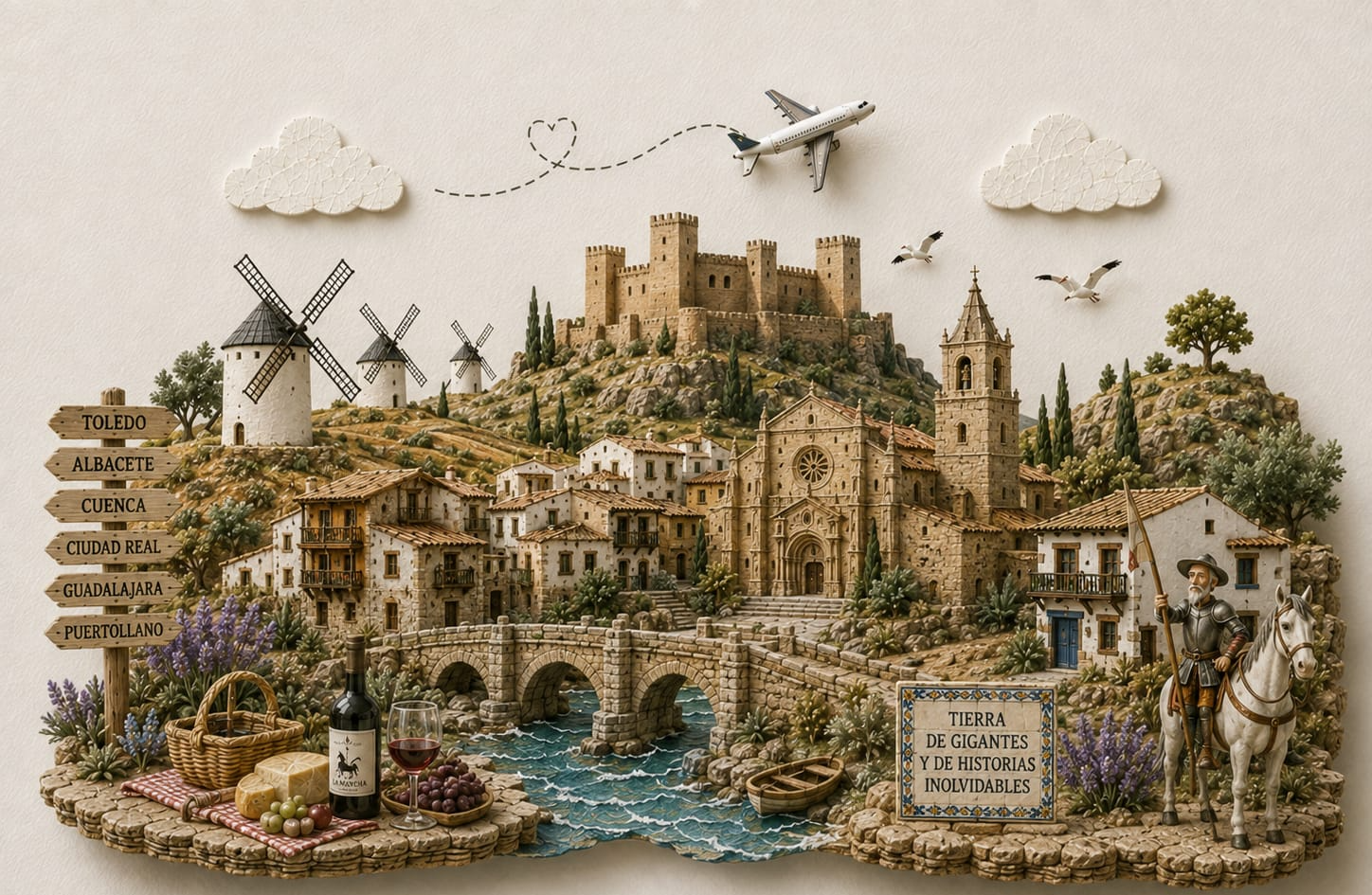 Ilustración de Castilla-La Mancha con sus lugares y símbolos más emblemáticos — TravelMaps
