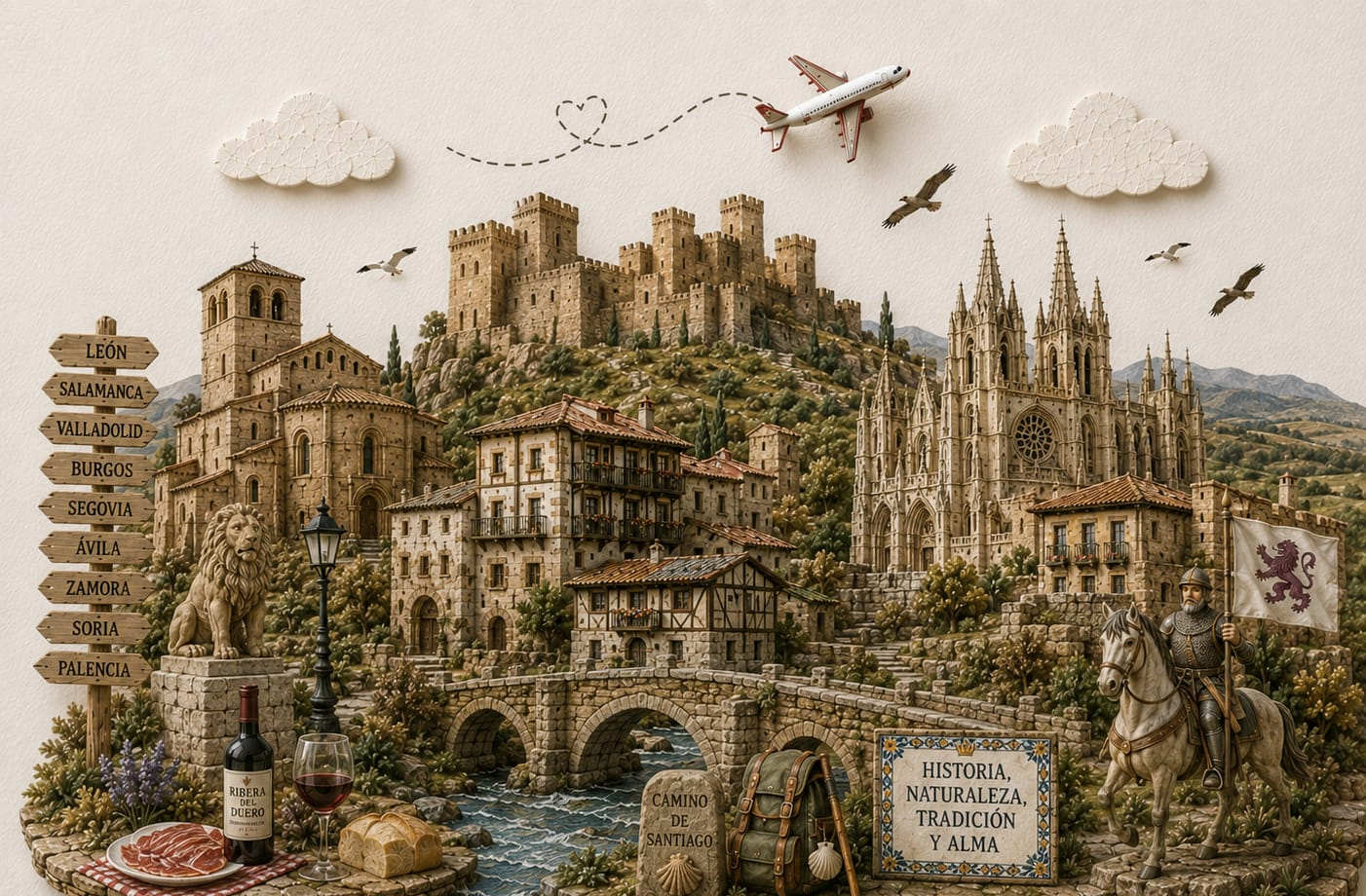 Ilustración de Castilla y León con sus lugares y símbolos más emblemáticos — TravelMaps