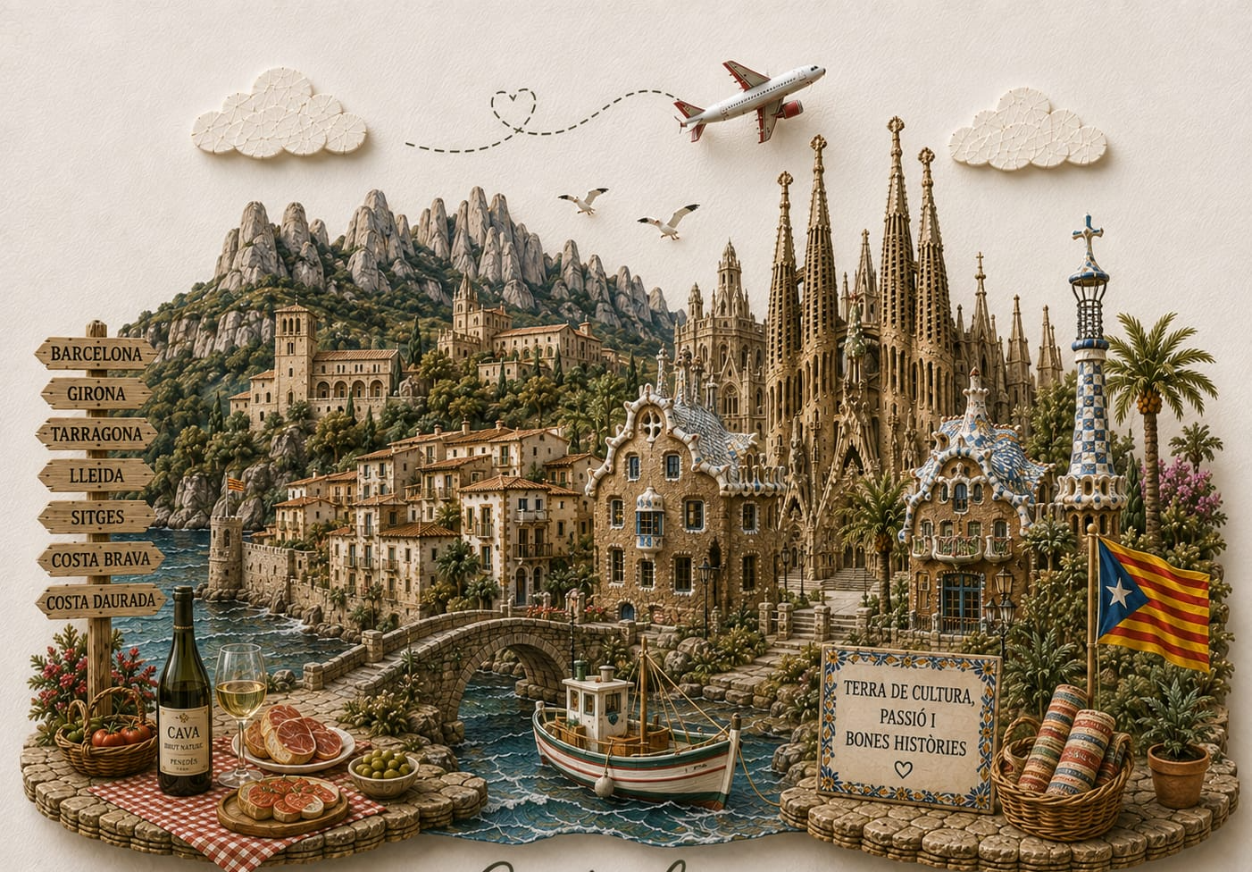 Ilustración de Cataluña con sus lugares y símbolos más emblemáticos — TravelMaps