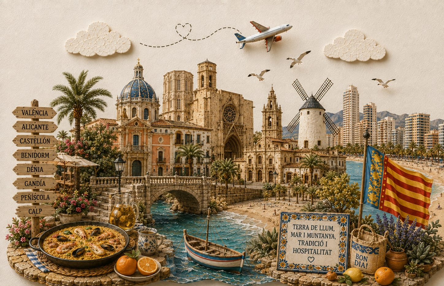 Ilustración de Comunidad Valenciana con sus lugares y símbolos más emblemáticos — TravelMaps