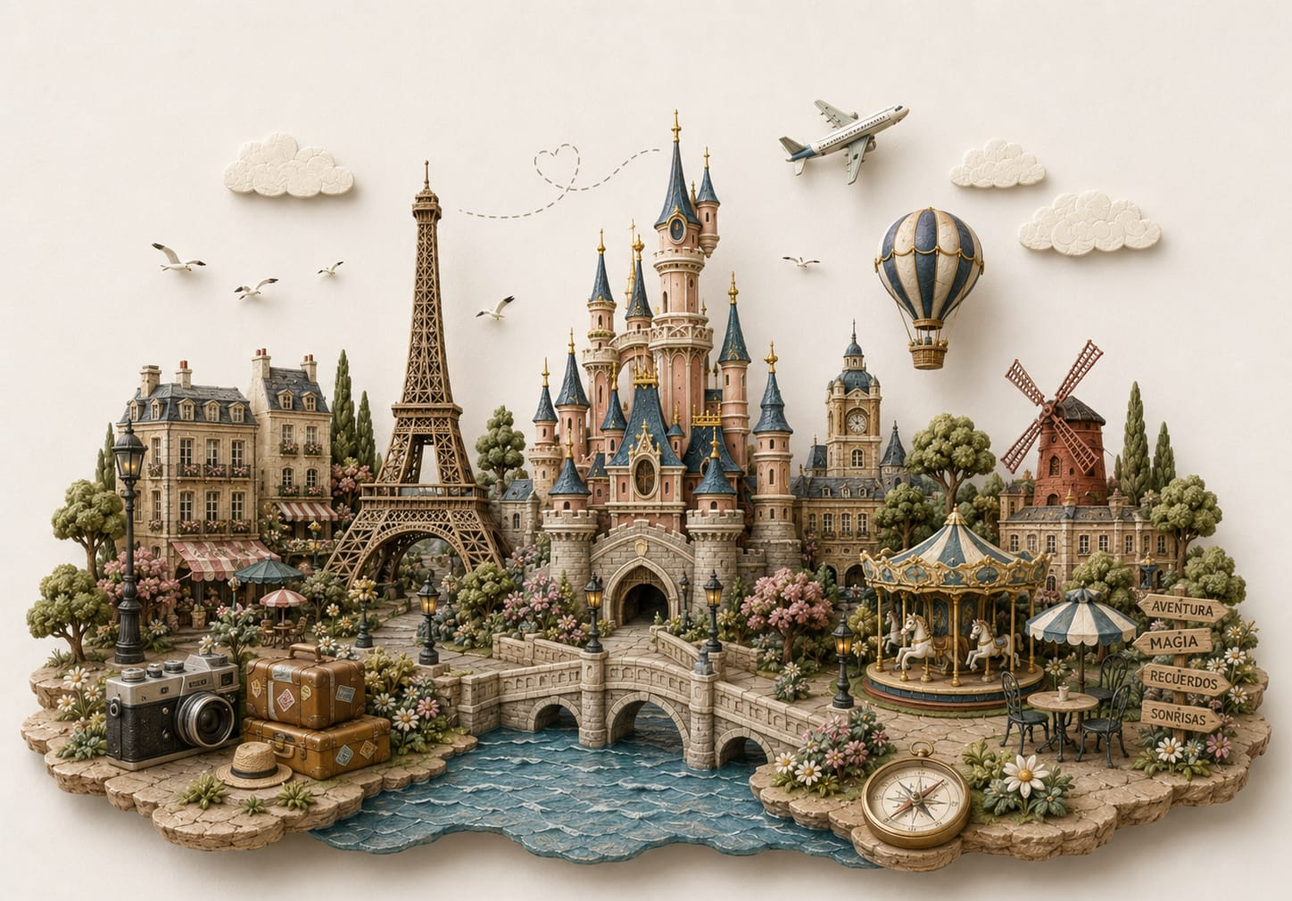 Ilustración de Disneyland Paris con el castillo, la Torre Eiffel, el carrusel y símbolos de viaje — TravelMaps