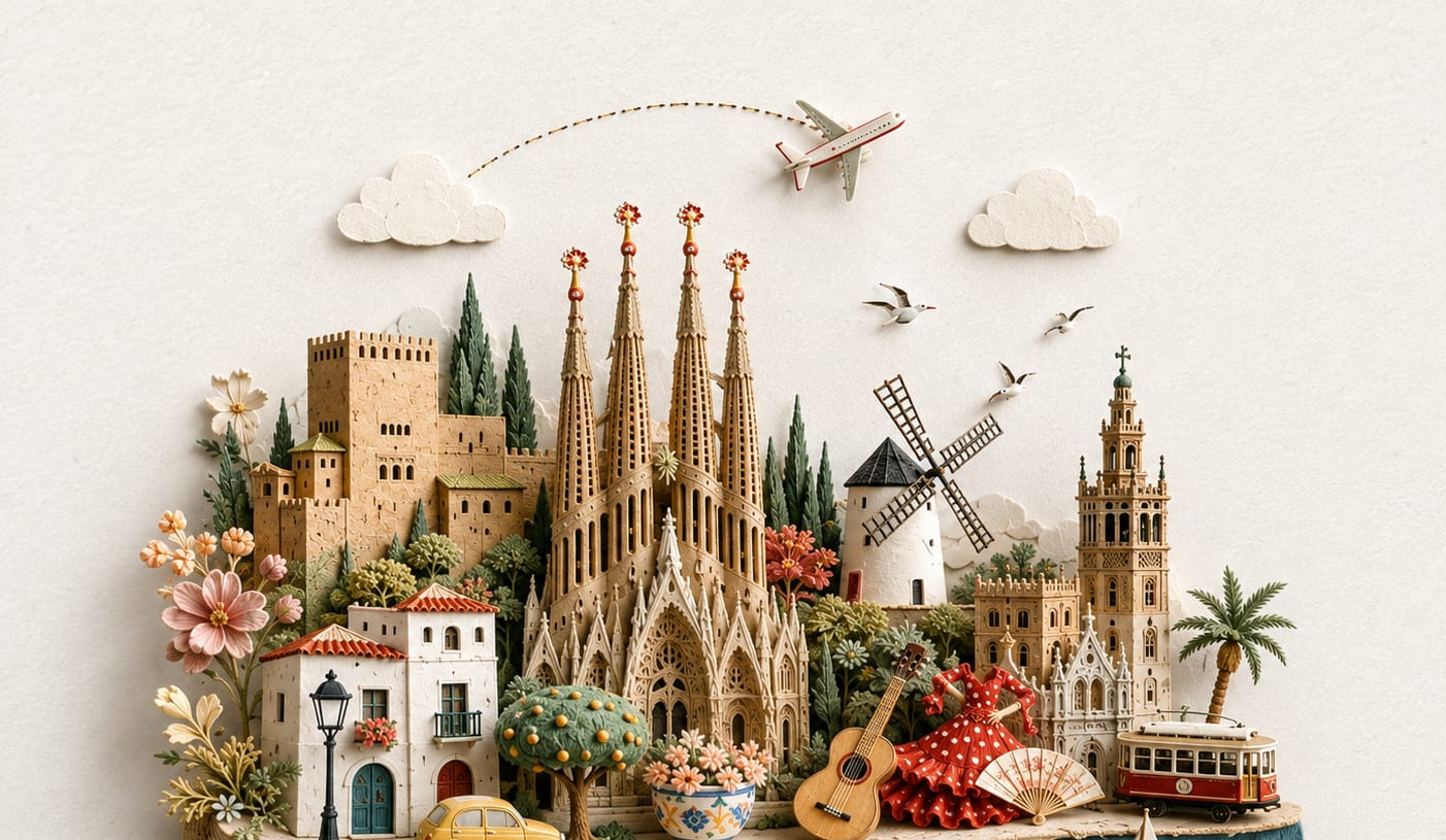 Ilustración de España con sus lugares y símbolos más emblemáticos — TravelMaps