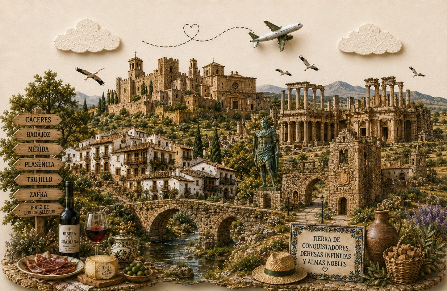 Ilustración de Extremadura con sus lugares y símbolos más emblemáticos — TravelMaps
