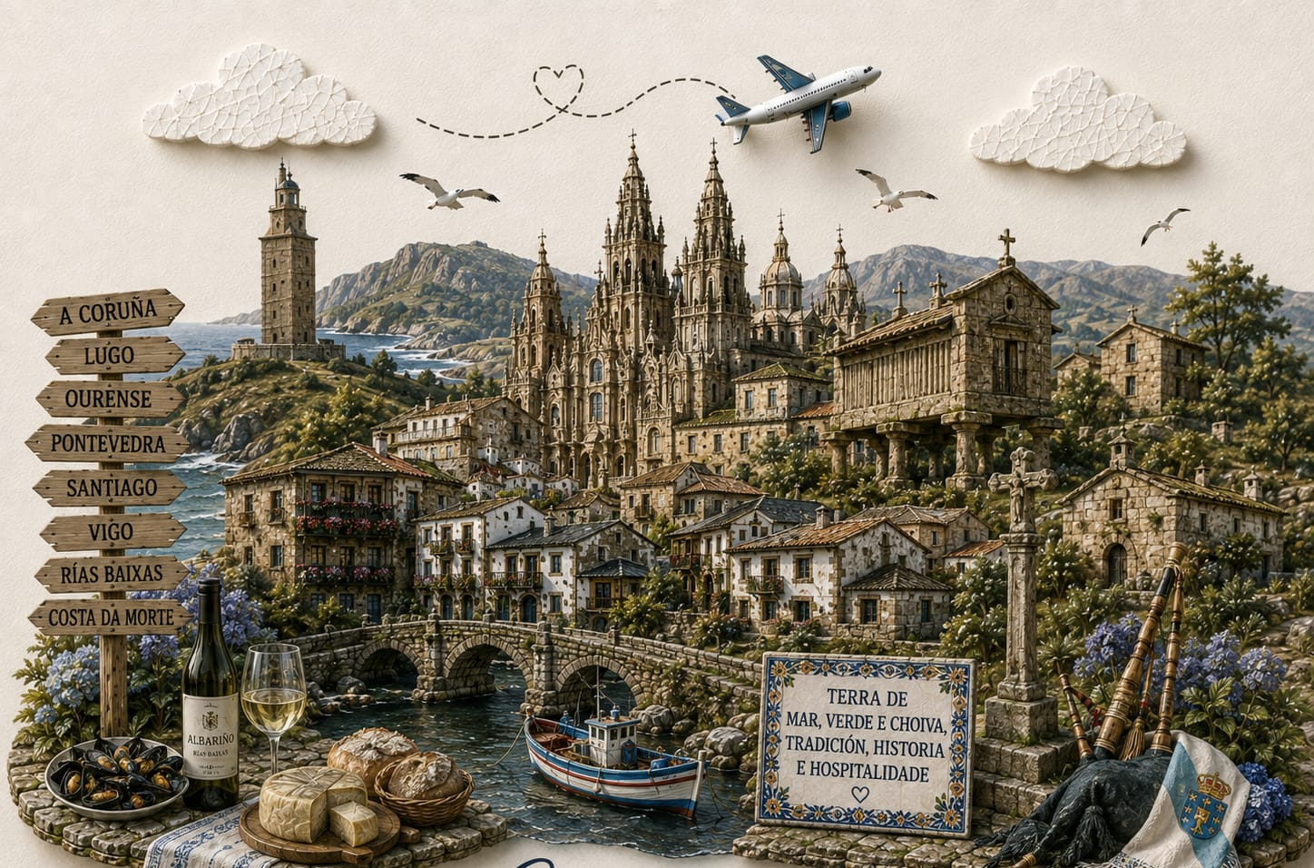 Ilustración de Galicia con sus lugares y símbolos más emblemáticos — TravelMaps