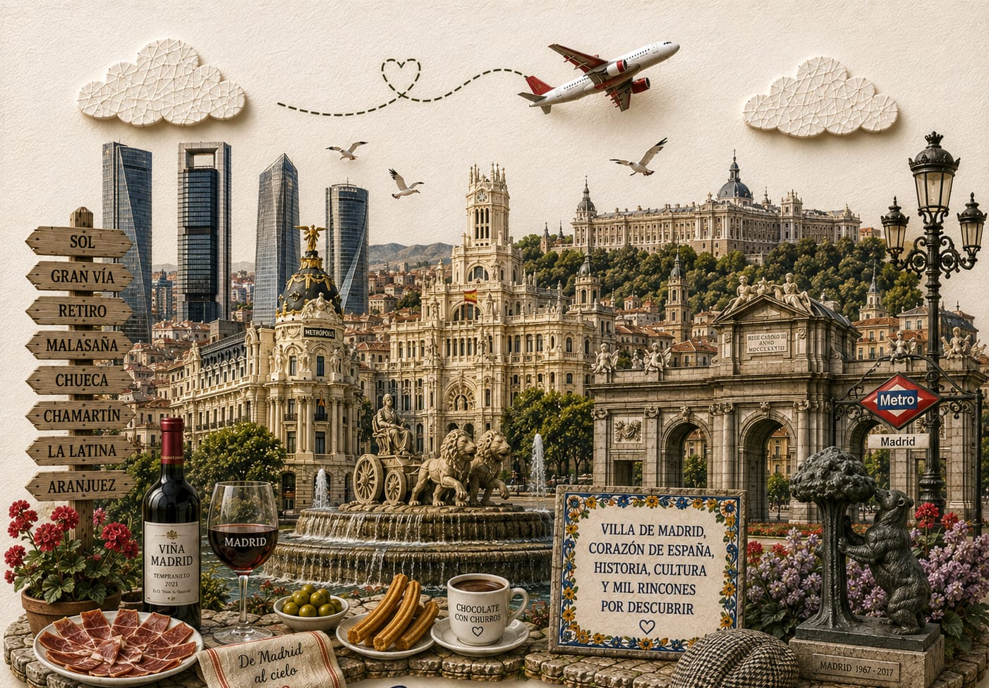 Ilustración de Madrid con sus lugares y símbolos más emblemáticos — TravelMaps
