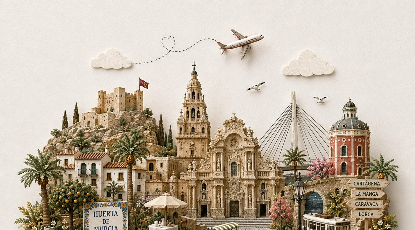Ilustración de Murcia con sus lugares y símbolos más emblemáticos — TravelMaps