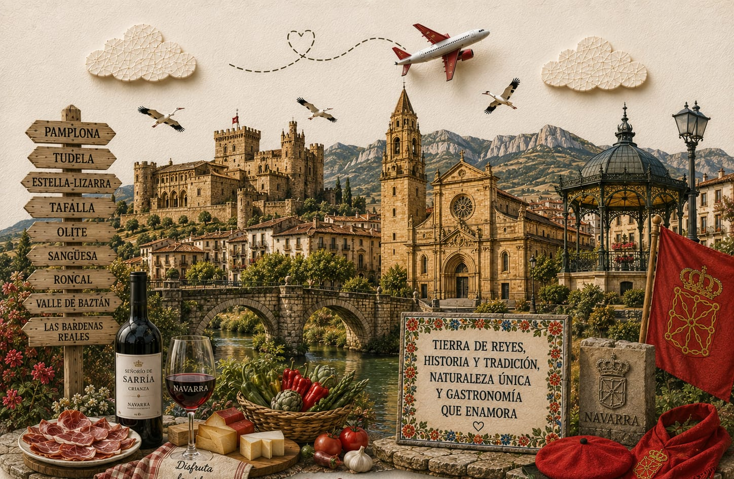 Ilustración de Navarra con sus lugares y símbolos más emblemáticos — TravelMaps