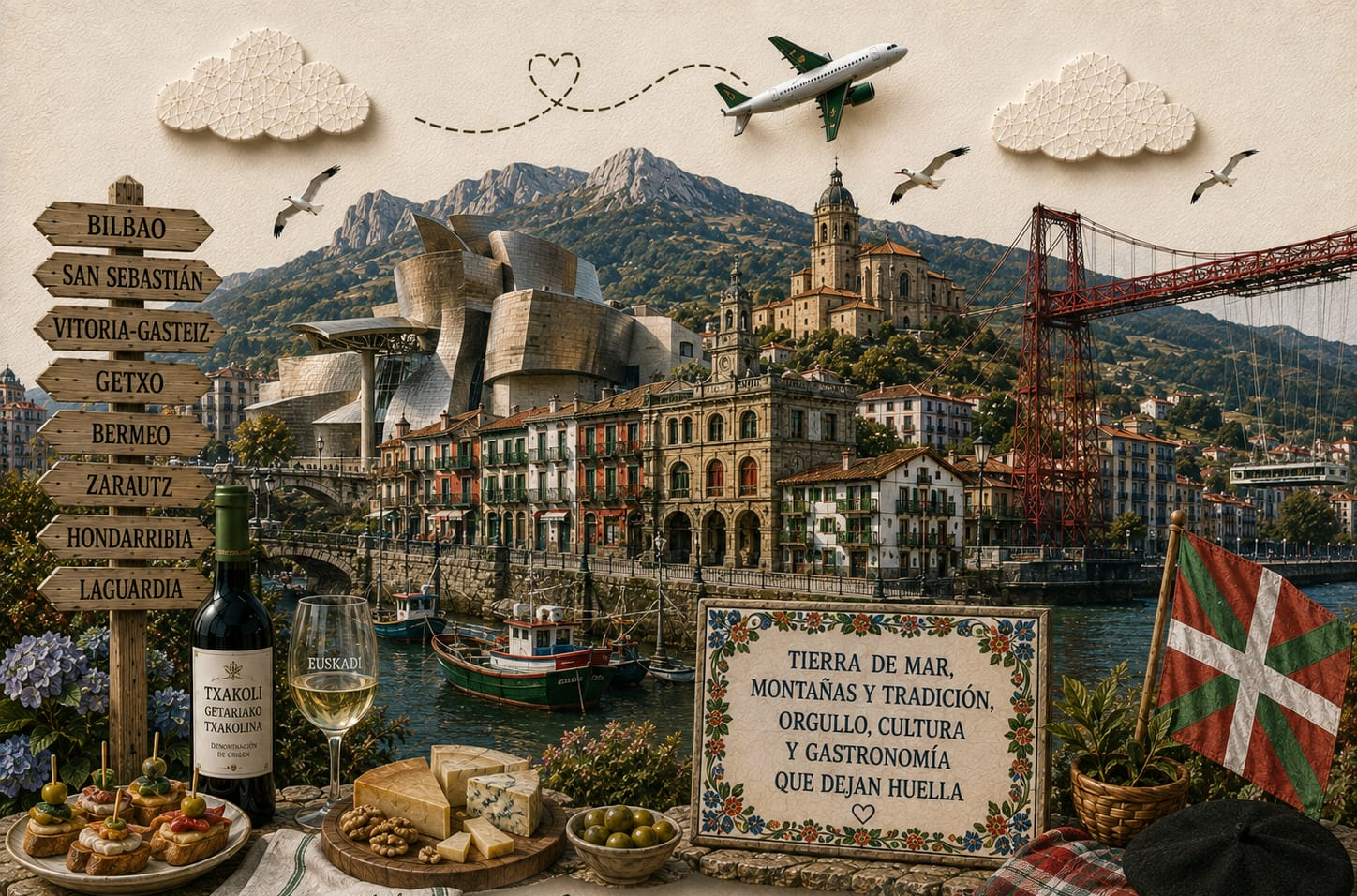 Ilustración de País Vasco con sus lugares y símbolos más emblemáticos — TravelMaps