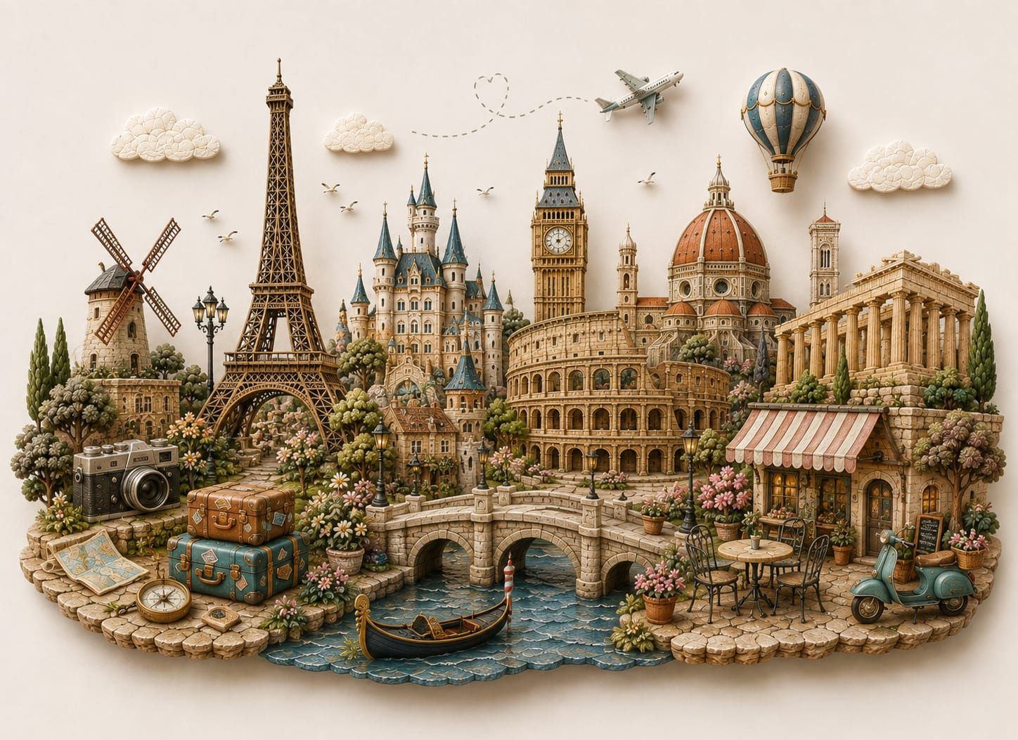 Ilustración de monumentos de Europa: Torre Eiffel, Coliseo, Big Ben, molino y góndola — TravelMaps
